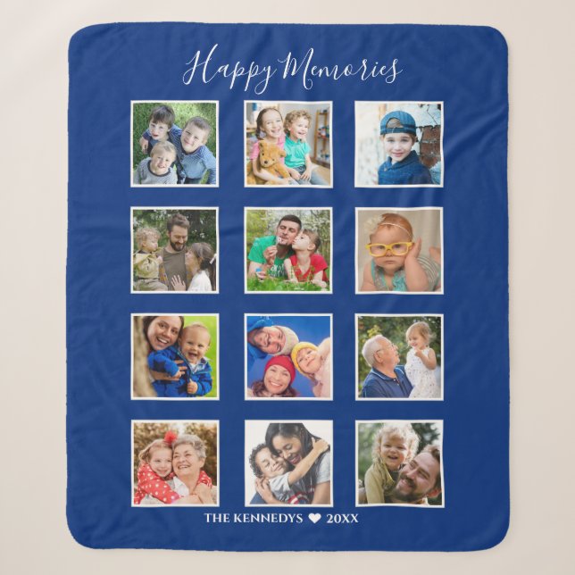 Couverture Sherpa Personnalisé 12 Photo Collage Nom de famille Bleu (Devant)