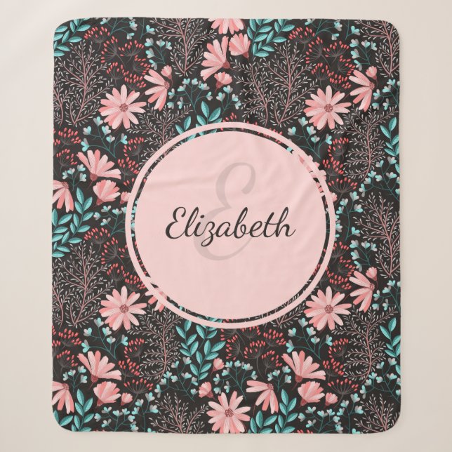 Couverture Sherpa Personnalisé rose et Turquoise floral foncé (Devant)