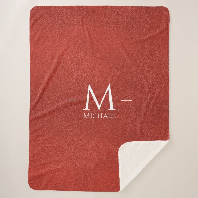 Couverture Sherpa Personnalisé Rouge Brown cuir Look Monogramme Nom  (Devant)