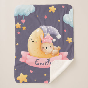 Couverture Sherpa Petit Lapin Dormir Mignonne Fille Lune Ciel de nui