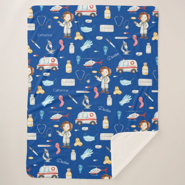 Couverture Sherpa Petite fille docteur Motif Médicale avec nom, bleu (Devant)