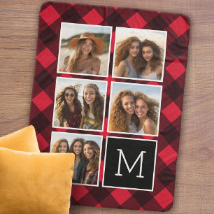 Couverture Sherpa Photo Collage et Monogramme Red Black Buffalo Plai