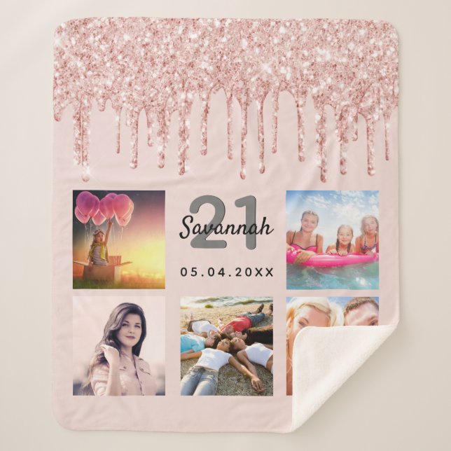 Couverture Sherpa Photo rose or 21e anniversaire gouttes de parties  (Devant)