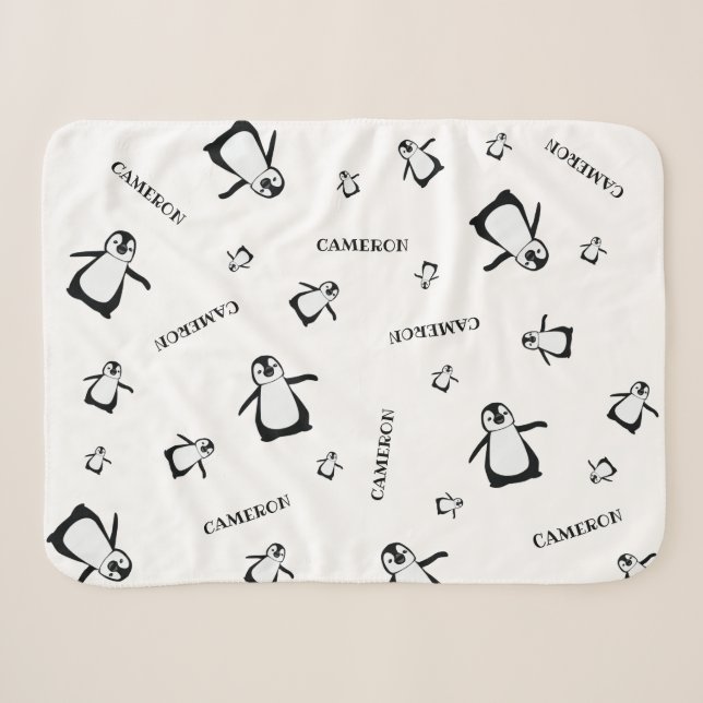 Couverture Sherpa Pingouin mignon noir blanc Personnalisé bébé (Devant (Horizontal))
