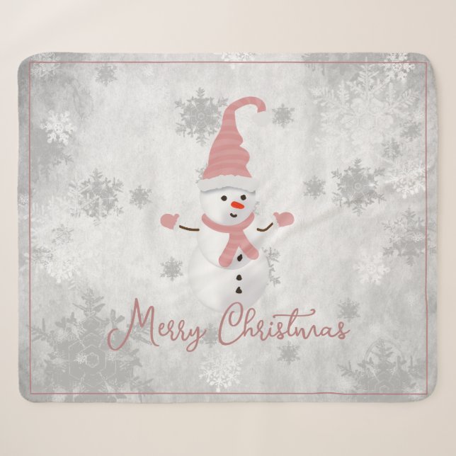 Couverture Sherpa Pink Cute Snowman Holiday Sherpa Blanche (Devant (Horizontal))