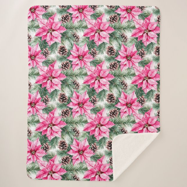 Couverture Sherpa Pink Silver Glam Poinsettia Flowers  (Devant)