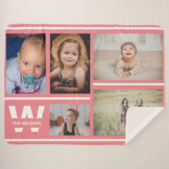 Couverture Sherpa Pink Stripes Multiples Photos Personnalisées Monog (Devant (Horizontal))