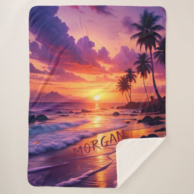 Couverture Sherpa Plage de coucher de soleil tropicale customisée -  (Devant)