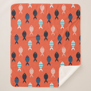 Couverture Sherpa Poisson vintage, motif rouge corail.