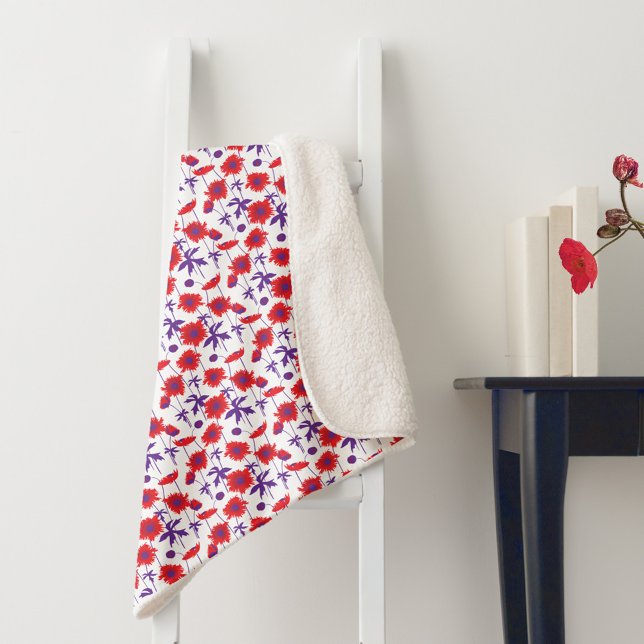 Couverture Sherpa Populaire rouge, violet et blanc floral (Créateur téléchargé)