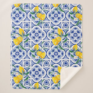 Couverture Sherpa Portuguese tiles,lemons,fruits,summer art