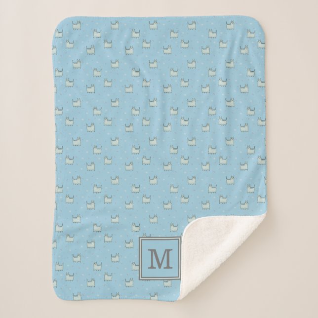 Couverture Sherpa Poudre Motif de chat bleu mou avec Monogramme (Devant)