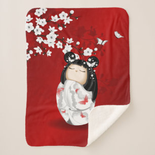 Couverture Sherpa Poupée Kokeshi Rouge Noir Blanc Cerisier Fleurs
