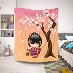 Couverture Sherpa Poupée Kokeshi Sakura - Fille Geisha sur Pêche