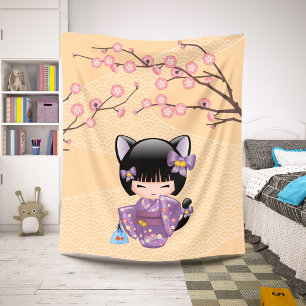 Couverture Sherpa Poupée Neko Kokeshi - Fille Geisha aux Oreilles de