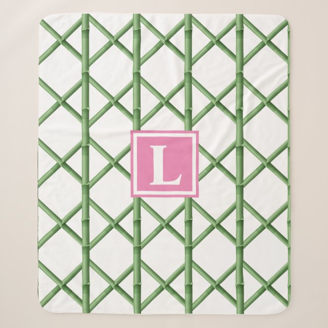 Couverture Sherpa Preppy Green Trellis Bamboo Motif Monogramme (Devant)
