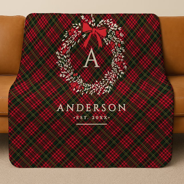 Couverture Sherpa Preppy Tartan Holiday Wreath Monogramme & Nom (Créateur téléchargé)