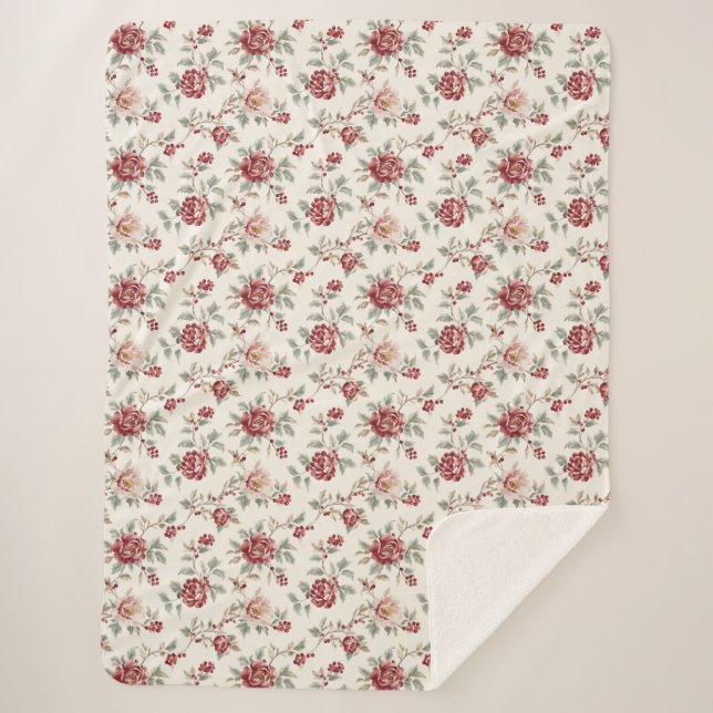 Couverture Sherpa Pretty Chic Red Cream Floral  (Devant)