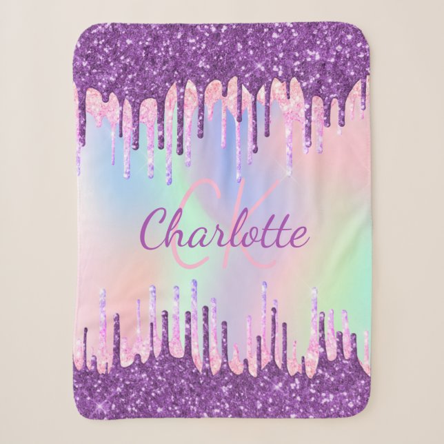 Couverture Sherpa Purple rose gouttes holographique nom initial (Devant)