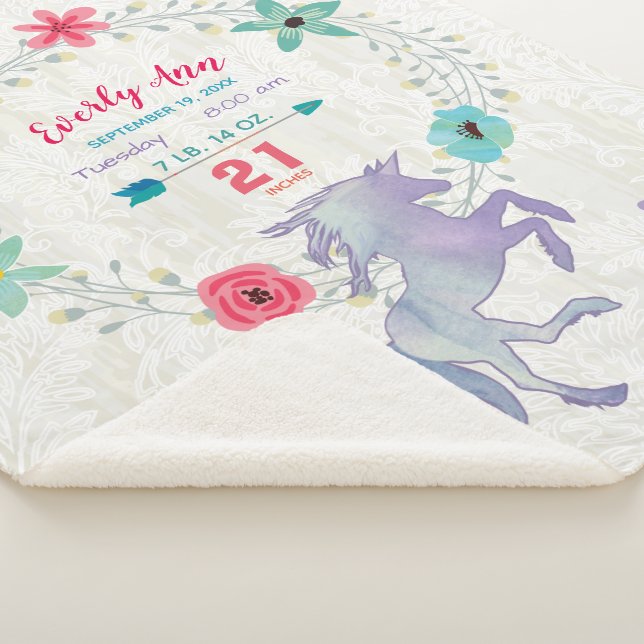 Couverture Sherpa Purple Unicorn Baby Girl Birth Stats Aquarelle (3/4)