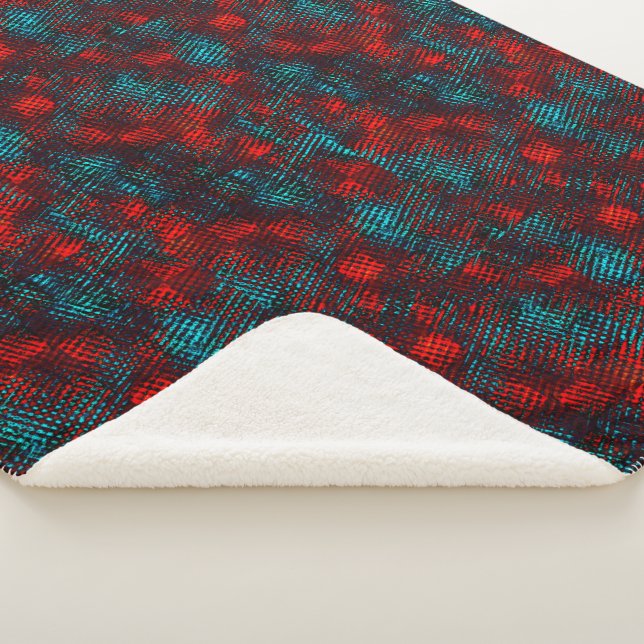 Couverture Sherpa Quadrillé rayé de couleur rouge et bleu clair. (3/4)