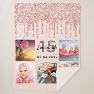 Couverture Sherpa Quinceanera photo rose or parties scintillant blus