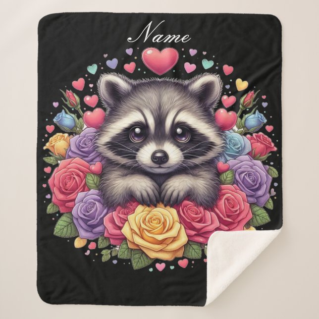 Couverture Sherpa Raccoon personnalisé avec Fleurs et Coeurs (Devant)