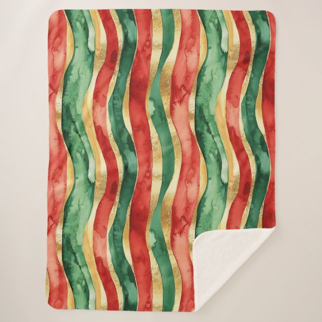 Couverture Sherpa Red Gold Green Stripes Noël (Devant)