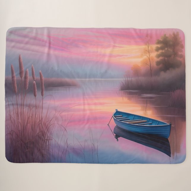Couverture Sherpa Réflexion du ciel rose de bateau bleu rustique (Devant (Horizontal))
