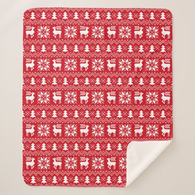 Couverture Sherpa Reindeer de Noël Rouge Poinsettias Design (Devant)