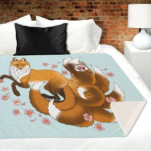 Couverture Sherpa Renard Kitsune Fantaisiste Fleurs de Cerisier Bleu
