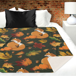 Couverture Sherpa Renard Rouge Feuilles d'Automne Glands Motif Vert