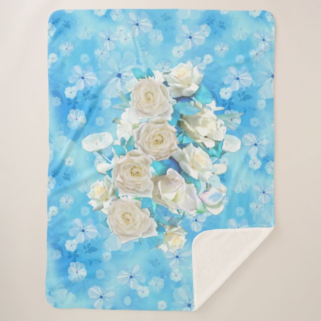 Couverture Sherpa Répéter bleu ciel pâle - blanc Roses d'aquarelle (Devant)