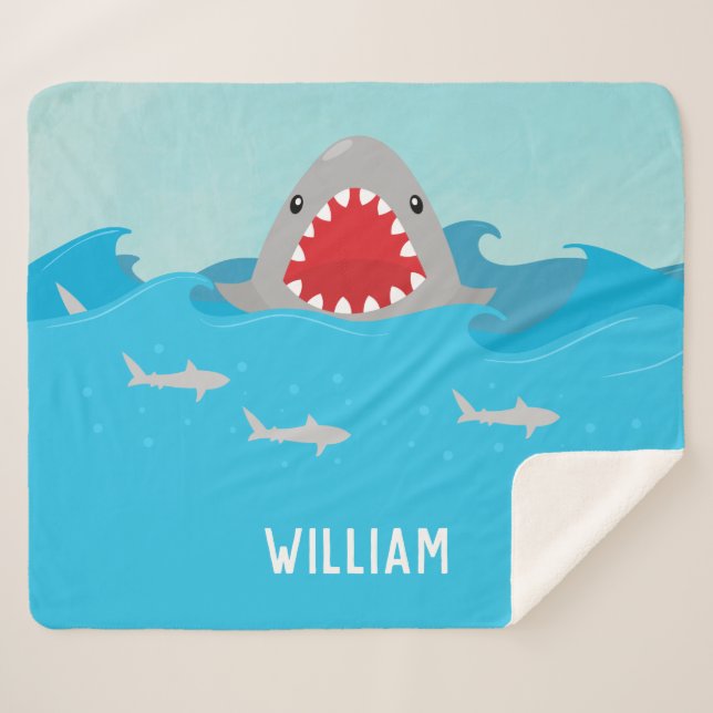 Couverture Sherpa Requin mignon dans l'eau | Baby Boy (Devant (Horizontal))