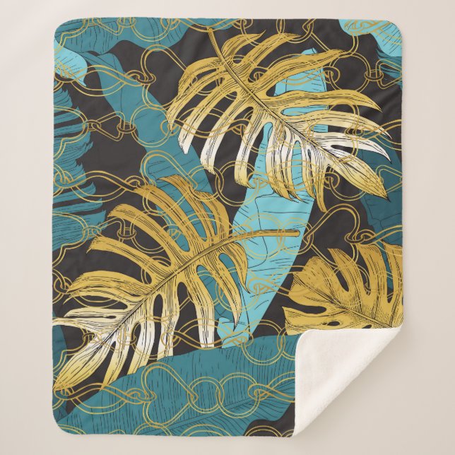 Couverture Sherpa Rideau de chaîne d'or, feuilles tropicaux. (Devant)