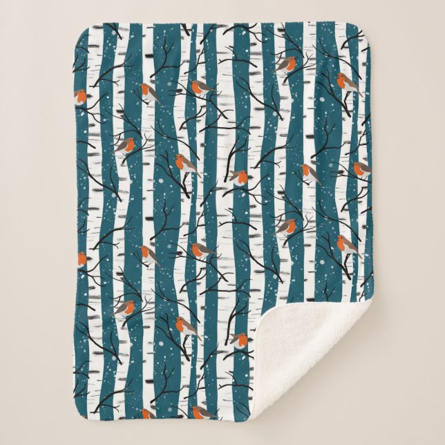 Couverture Sherpa Robins européens sur bouleau d'argent dans la neig (Devant)