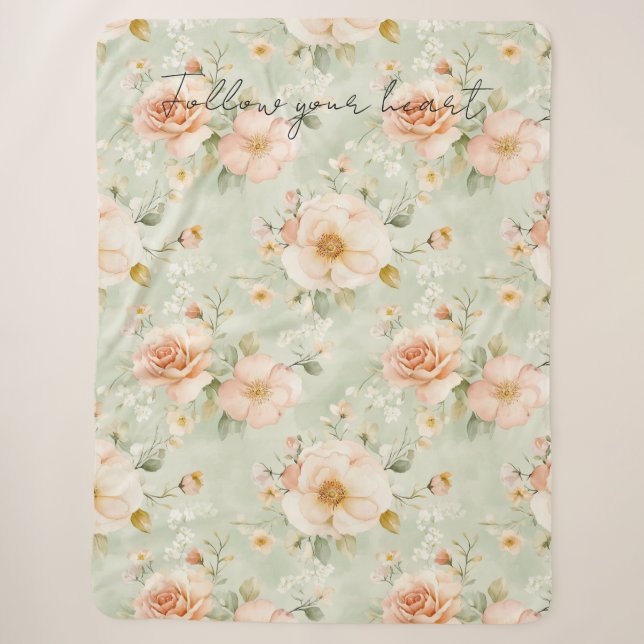 Couverture Sherpa Romantic Peach Mint Pretty Roses Floral (Devant)