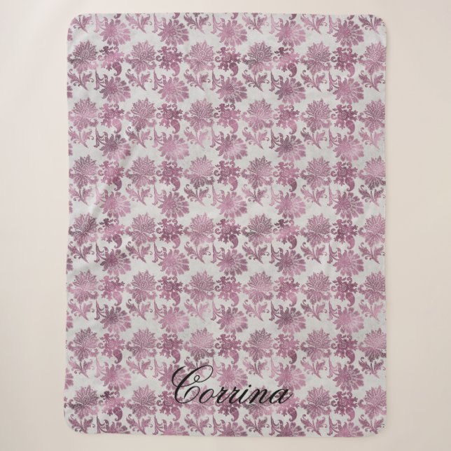 Couverture Sherpa Romantique Bourgogne Rouge Argent Floral (Devant)