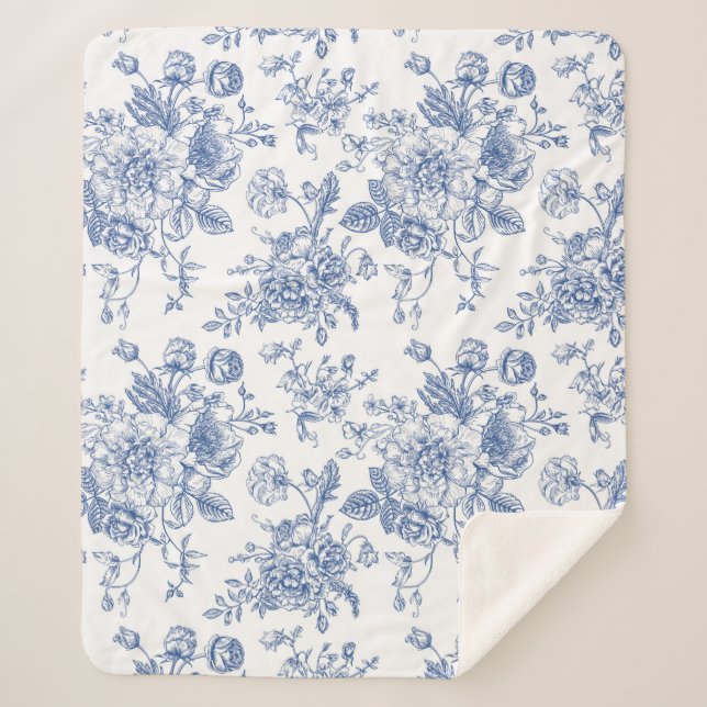Couverture Sherpa Rose bleu vintage motif floral (Devant)