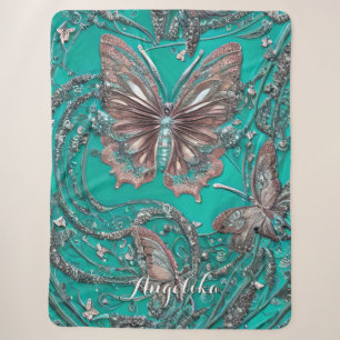 Couverture Sherpa Rose d'or Papillon Turquoise Nom personnalisé