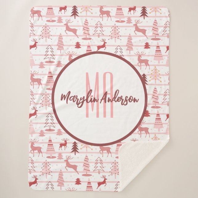 COUVERTURE SHERPA ROSE ET ARBRES DE NOËL MONOGRAMME PERSONNALISÉ (Devant)