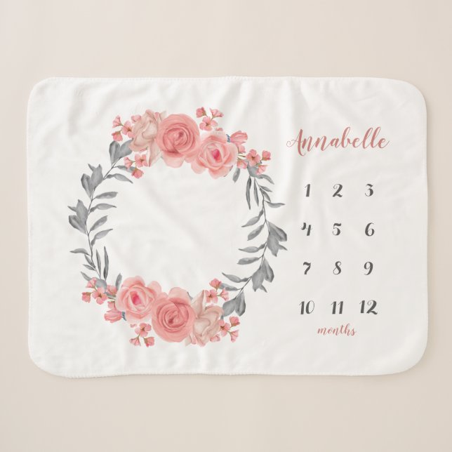 Couverture Sherpa Rose rose pâle Fleur  Wreath Milestone (Devant (Horizontal))