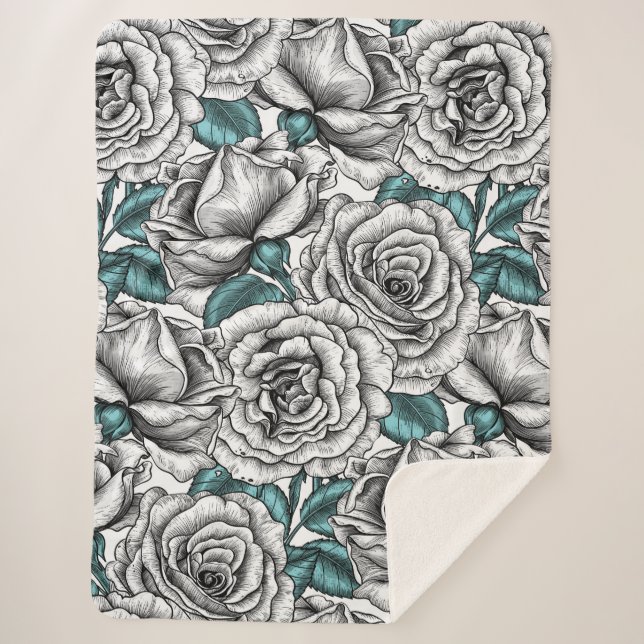 Couverture Sherpa Roses blanches avec feuilles bleus (Devant)
