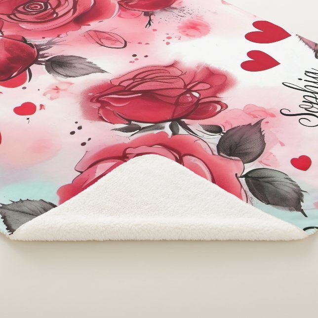 Couverture Sherpa Roses rouges avec Coeurs de Saint Valentin Motif r (3/4)