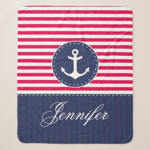 Couverture Sherpa Rouge bleu Ancre marine Design Nom personnalisé