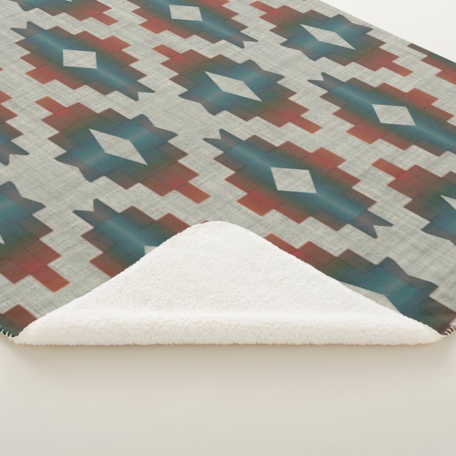 Couverture Sherpa Rouge foncé Brown Turquoise bleu gris Motif d'art  (3/4)
