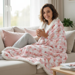 Couverture Sherpa Ruban rose et carreaux floraux