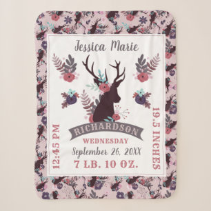Couverture Sherpa Rustic Deer Head New Baby Girl Birth Record Statis