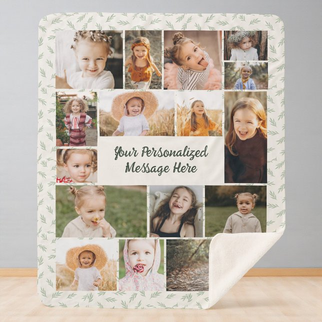 Couverture Sherpa Sage Green Botanical Personalized 16 Photo Collage (Créateur téléchargé)