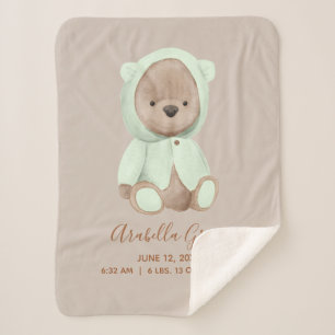 Couverture Sherpa Sage Green Teddy Bear Baby Birth Stats